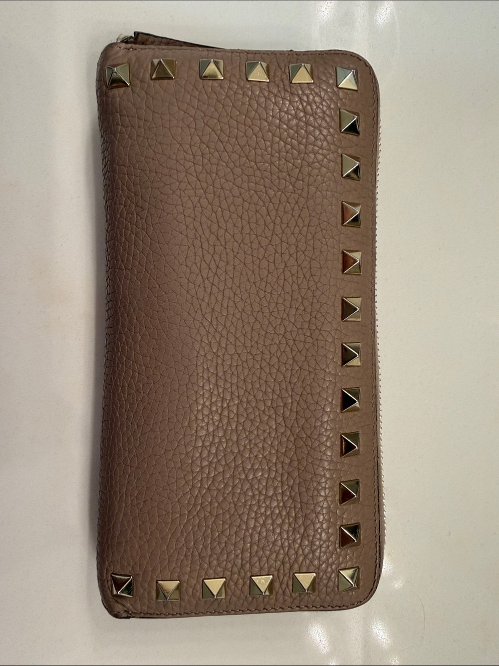 Valentino Garavani Taupe Pebbled Leather Zip Wallet with Gold Studs